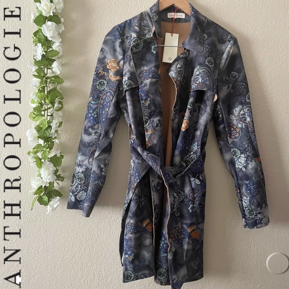 Anthropologie Solitaire Faux Suede Floral Paisley Trench Coat - Picture 1 of 11
